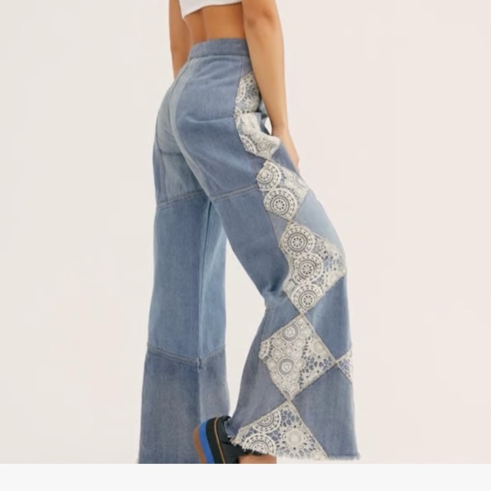 We The Free Light Blue Wide-Leg Jeans with White Lace Inset